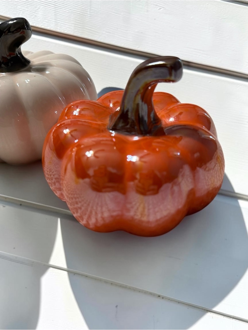 Ceramic Pumpkins Set of 2 Glossy Taupe & Orange Fall Decor 4” - Picture 2 of 7
